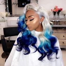 Wigs Long Brazilian Blonde Ombre Blue Coloured Lace Front Wig Human Hair 13X4 Lace Frontal Body Wave Synthetic Wigs for Women Natural Ha