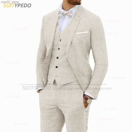 Men's Suits Blazers Beige Linen Suits for Men 3 Pieces Casual Slim Fit Suit Blazer Vest Pants Set Formal Prom Wedding Tuxedos for Groomsmen Best Man Q230103