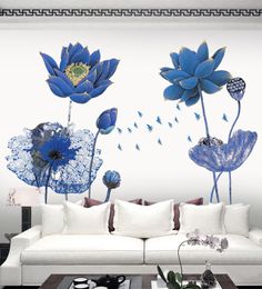 Vintage Poster Blue Lotus Flower 3D Wallpaper Wall Stickers Chinese Style DIY Creative Living Room Bedroom Home Decor Art3292464