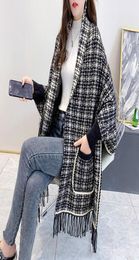 Scarves Woman Fad Pocket Warm Shawl Loose Plus Size Plaid Cardigan Tassel Knit Mink Velvet Bat Sleeve Poncho Cape Winter Sweater C6594988