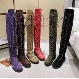 Boots Women Lace Up Thigh High Long Boots Women Over the Knee Boots Woman Flock Ladies Round Toe Low Heels Female Solid Shoes Big Size 220913