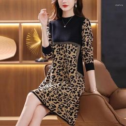 Casual Dresses Stylish Leopard Patchwork Autumn Winter Half High Collar Vintage A-Line Waist Knitted Midi Dress Female Clothing