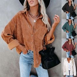 Women's Blouses DUOFAN Autumn Corduroy Shirt Jackets Women Solid Lapel Pit Stripe Casual Shirts Female Button Pocket Tops 2024