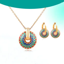 Pendant Necklaces Women Retro Dripping Glaze Daisy Pattern Chain Durable Colour Painted Necklace Earring Jewellery Set Colourful Round