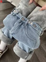 Plush Lined Winter Straight Jeans Streetwears Warm Denim Pants Woman Wide Leg Baggy Vaqueros Thick Jeansy Solid Colour Hose 240102