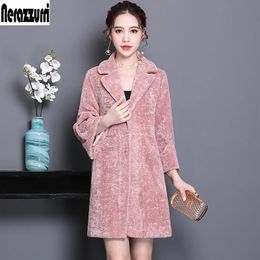 Fur Nerazzurri Winter Warm Soft Faux Fur Jacket Women 3/4 Sleeve Lapel Pink Furry Karakul Sheep Lamb Fur Coats Korean Fashion 2021