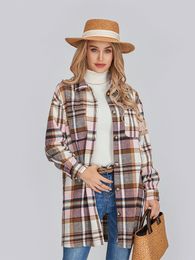 Women's Plaid Print Shacket Jacket Long Sleeve Lapel Button Down Casual Flannel Coat 240103
