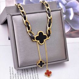Pendant Necklaces Newest Designer Women's Sweater Chain Necklace 4/four Leaf Clover Long Double-sided Black White Jewellery Autumn and Winter