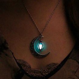 Pendant Necklaces Glowing Moon Pendant Necklace for Women Charm Jewelry Glow in the Dark Halloween Christmas Hollow Luminous Stone Necklace Gifts