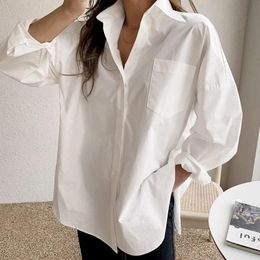 Shirts Rimocy Spring Summer Loose White Shirts Women Fashion Big Pocket Turn Down Collar Woman Blouses 2022 Button Office Blusas Ladies