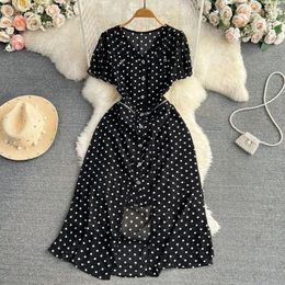 Party Dresses French Style Break Long Dress Gentle Wind Short Sleeve V-Neck Show Thin Split A-line Polka Dot Vestidos For Women