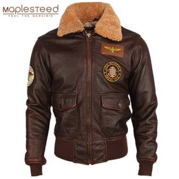 Vintage Distressed Men Leather Jacket Quilted Fur Collar 100 Calfskin Flight Men's Man Winter Coat M253 240102