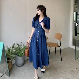 Party Dresses Summer V-neck Denim Dress Women Single Breasted Short Sleeve A-line Blue Long Skirt Female Casual Fashion 5XL Jean