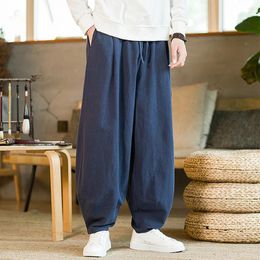 Men's Pants Fashion Chinese Style Baggy Trousers Wide Leg Cotton Linen Blend Elastic Waist Loose Casual Harem