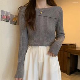 Women's Blouses Women Fall Spring Top Solid Color Irregular Boat Neck Knitted Long Sleeve Pullover Casual Slim Fit One Size Lady Sweater