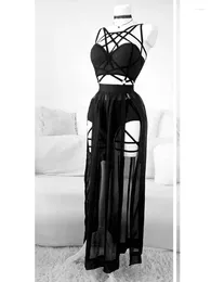 Work Dresses 2024 Gothic Club Corsets Sexy Skirt Set See Through Mesh Backless Women Sleeveless Dark Crop Tops Bandage Underpants 3 Pcs