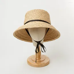Wide Brim Hats Flat Top Basin Shaped Lafite Straw Hat With Tie Up Outdoor Tourism Beach Sun Protection And Shading