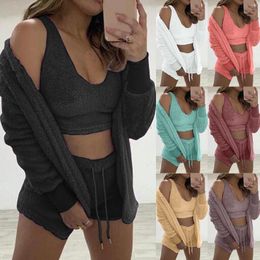 Women's Tracksuits Women 3 Pieces Fleece Crop Tanks Set With Open Front Cardigan Comfy Shorts Loungewear Plush Korean Style Female Clothing