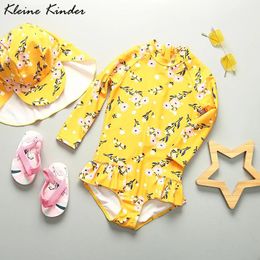 set Girls' Swimsuit Long Sleeve Princess Floral Yellow Bodysuit Swimwear OnePiece Rashguard Children Bathing Suit Kids Toddler