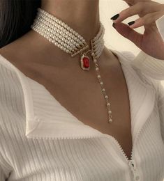 Red square jewel pendant necklaces designer light luxury simple temperament imitation pearl clavicle chain handmade multilayer be1062679