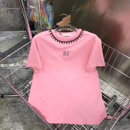 Mui Mui Top Summer Designer Tshirt For Women Clothing Letter Embroidery Beads O-Neck Short-Sleeve T-Shirt Femme Loose Casual Mui Top Crop Top 100% Cotton 548