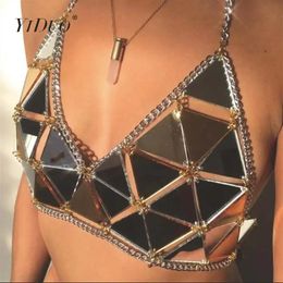 Tops YiDuo Rock Club Geometric Acrylic Metal Tops VNeck Sleeveless Bustier Women Sexy Halter Crop Top Silver Gold Tank Top Camisole