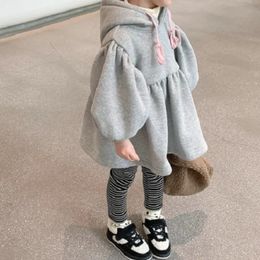 Winter girls cute plain weave long wool hoodie baby cotton sweater children's coat top children's coat 2-8 years 240103