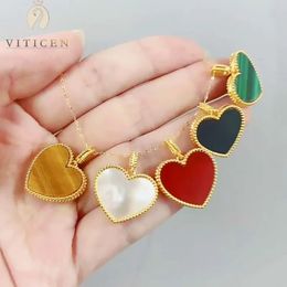 VITICEN Real 18K Gold AU750 Heart Pendant Clavicle Necklace Natural Agate Malachite Simple Romantic Gifts For Women Fine Jewellery 240102