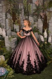 Elegant Long Black Pink Flower Girl Dresses Jewel Neck Tulle with Appliques Half Sleeves Ball Gown Floor Length Custom Made for Wedding Party
