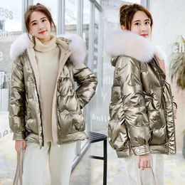 Women's Trench Coats 2024 Winter White Duck Down Jacket Hooded Faux Fur Collar Shiny Warm Female Short Parkas