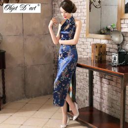 Clothing Sexy Sleeveless Cheongsam Backless Vintage Embroidery Women's Silk Satin Chinese Traditional Dress Elegant Long Classical Qipao