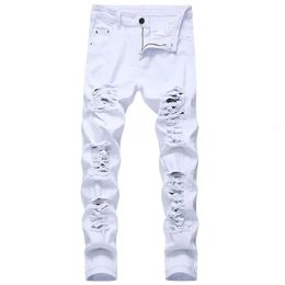 Mens White Jeans Fashion Hip Hop Ripped Skinny Men Denim Trousers Slim Fit Stretch Distressed Zip Jean Pants High Quality 240102