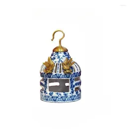 Candle Holders Blue And White Ceramics Handmade Brass Birdcage Shape Home Decoration Holder Ornaments Wax Table