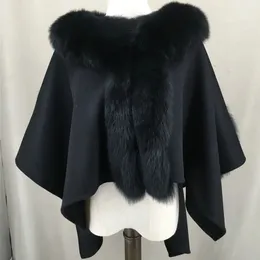 Scarves Real Genuine Natural Wool Shawl Cape With Hood Fur Trimming 220616 Furry Fluffy 2024