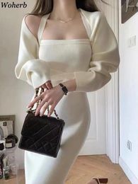 Casual Dresses 2024 Elegant Ladies 2 Pieces Knitted Set Long Sleeve Crop Cardigans Sweaters & Spaghetti Strap Bodycon Bandage Sleeveless