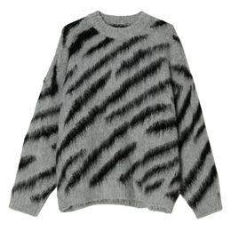 Zebra Stripe Wool Sweater Knit Winter Mens Clothing Pullover Jumper Vintage Mohair Loose Oversized Women Knitwears 240103