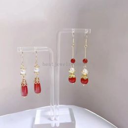 Chinese Style Red Color Water Drop-shaped Glass Dangle Earrings for Women Girls Fashion Delicate Round Beaded Geometric Earrings