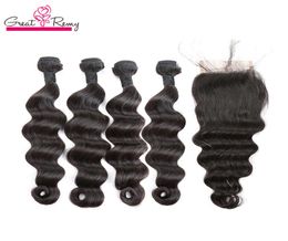 Peruvian Hair Extensions 4 Bundles Loose Deep Wave with Lace Closure 4x4 Bleached Knots Human Hair Piece Top Closures Dyeable Grea3384219