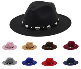 Britischer Stil Wolle Jazz Cap Hut für Frauen Vintage Herbst Winter Damen Fedora Hüte mit Metallgürtel Weibliche Hüte mit breiter Krempe GH2187299802