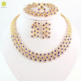 Chokers Bridal Engagement Ring Blue Crystal Necklace Pendant Earrings Bracelet Gold Colour Jewellery Sets for Women Bijouterie Accessories