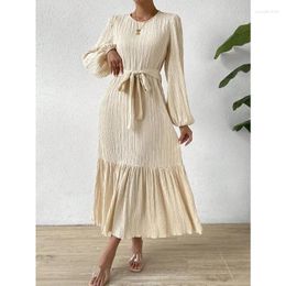 Casual Dresses Wepbel Pullover Maxi Dress Women Solid Colour Round Neck Lantern Sleeve Big Swing High Waist Ruffle Stripe Belt