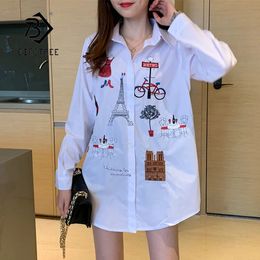 Women Embroidery Long White Blouse Button Up Turn Down Collar Full Sleeve Shirt Tower Cat Bicycle Casual Feminina Top T96415F 240102