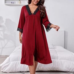 Women's Sleepwear Autumn And Winter Large Ladies Home Clothes Pyjamas Long-sleeved Lace Stitching V-collar Loose Sexy Women