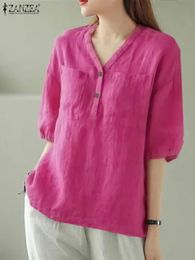 Blouse ZANZEA Oversize Women Shirt Summer V Neck 3/4 Sleeve Blouse Fashion Solid Loose Work Tops Tunic Female Casual Blusas Chemise