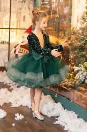 Classy Short Green Sequined Flower Girl Dresses V Neck Tulle Full Sleeves with Bow Ball Gown Knee Length Custom Made for Wedding Party