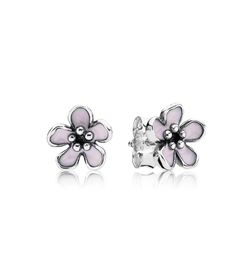 Cute Women's 925 Sterling Silver Pink Enamel Cherry blossoms Stud Earring Original box for Silver Jewellery Best Christmas Gift1068231