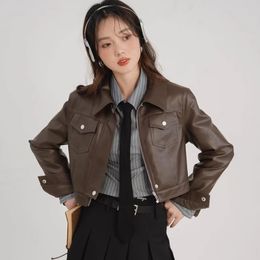 American Vintage Sweet Girl Style Coffee Colour Womens Leather Jacket Autumn Design Sense Short Motorcycle Top 240103