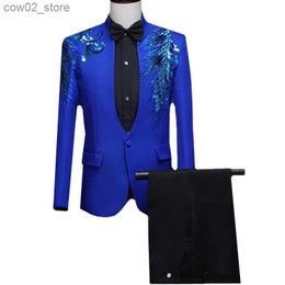 Men's Suits Blazers Fashion Men Business Sequin Suit 2 Piece Blue / Red Classic Wedding Dance Party Performance Dress Men's Blazer and Pants Q230103