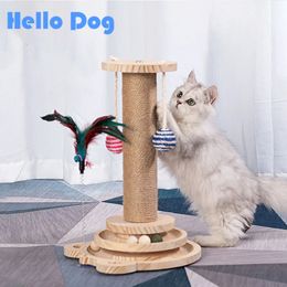 Small-sized Wooden Cat Tower Natural Sisal Cat Tree Multi-functional Track Interactive Cat Toy Cat Teaser Stick Kitten Toys 240103