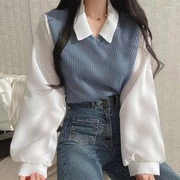 Women's Blouses Fashion Thread Of Screw False Two-piece Polo Collar Sweatshirts Women Korean Patch Loose Female Pullovers Autumn Winter Y2k